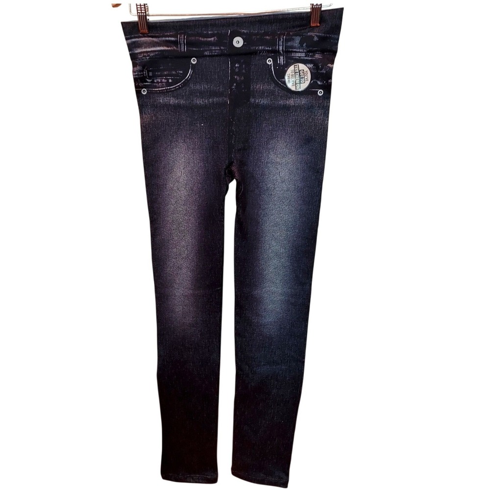 Genie Slim Jeggings Dark Wash Denim Print Stretch Leggings L-XL Womens Black